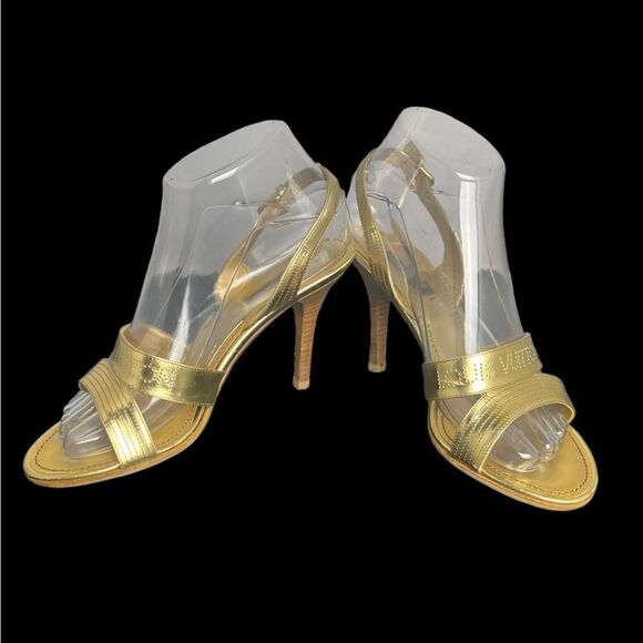 Rare Louis Vuitton Gold Slingback Sandals w/3.5” Stacked Wood Heel Size 38/US 7 - Picture 3 of 15